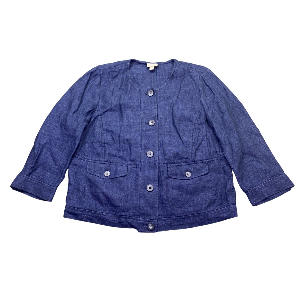 J. Jill Women Navy Blue 100% Linen Button Front Jacket Size Medium Preppy
